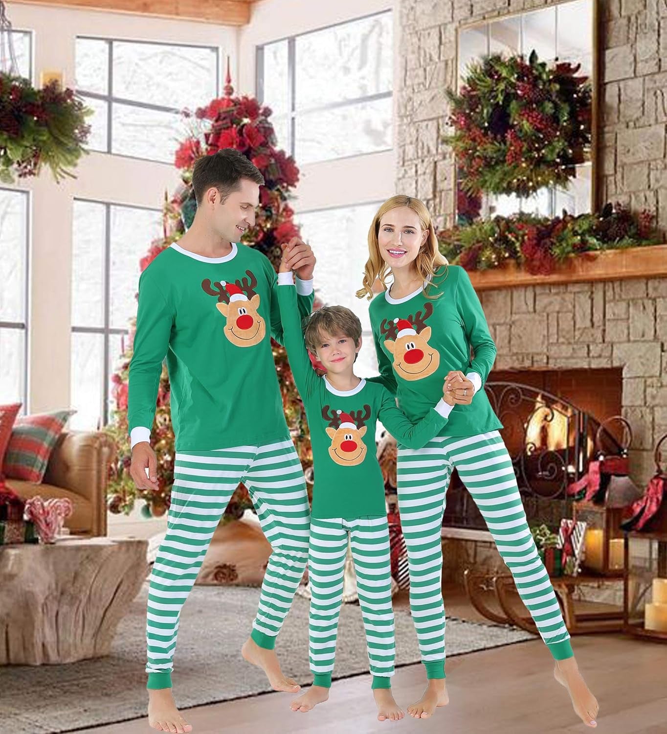 Matching Family Pajamas Christmas Handmade Deer Green Striped Jammies Holiday Cotton Clothes Mum and Me Pjs Size 12-18 Months