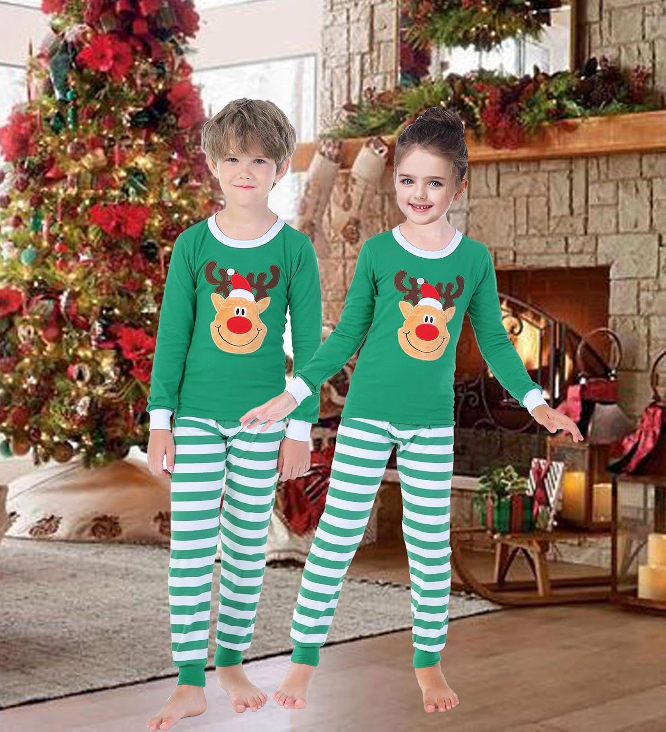 Matching Family Pajamas Christmas Handmade Deer Green Striped Jammies Holiday Cotton Clothes Mum and Me Pjs Size 12-18 Months