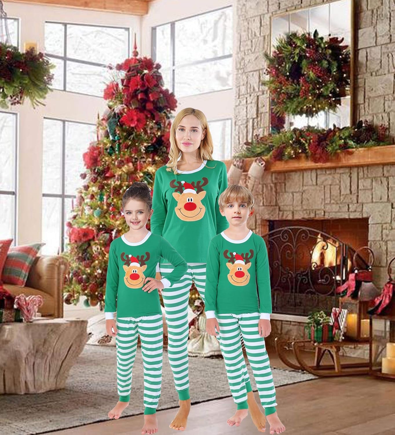 Matching Family Pajamas Christmas Handmade Deer Green Striped Jammies Holiday Cotton Clothes Mum and Me Pjs Size 12-18 Months