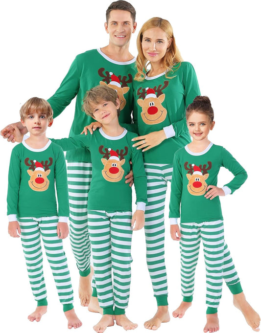 Matching Family Pajamas Christmas Handmade Deer Green Striped Jammies Holiday Cotton Clothes Mum and Me Pjs Size 12-18 Months