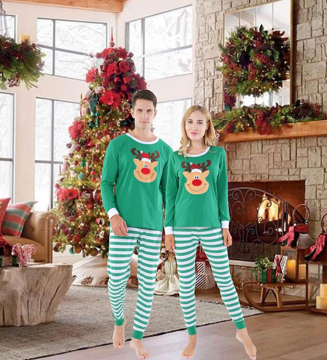 Matching Family Pajamas Christmas Handmade Deer Green Striped Jammies Holiday Cotton Clothes Mum and Me Pjs Size 12-18 Months