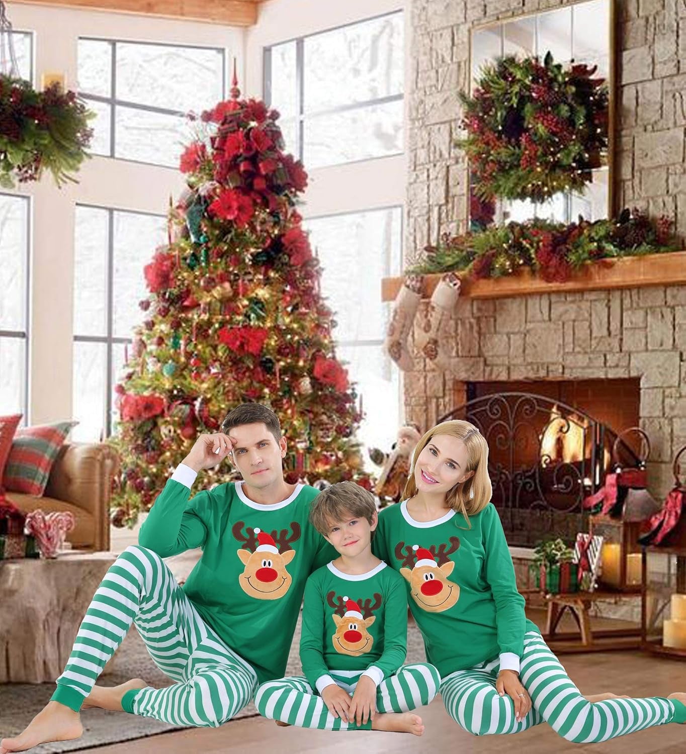 Matching Family Pajamas Christmas Handmade Deer Green Striped Jammies Holiday Cotton Clothes Mum and Me Pjs Size 12-18 Months