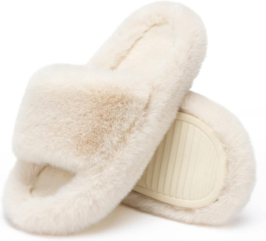 Women'S Blue Memory Foam Faux Fur Lined Open Toe Slippers for Women - US 12