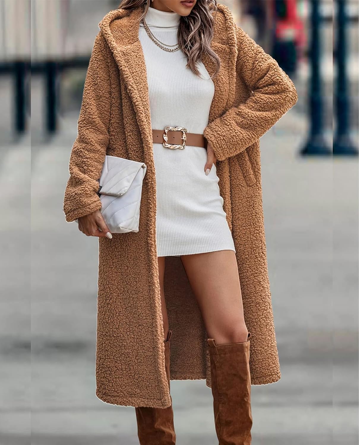 Ladies Cozy Winter Teddy Bear Long Coats for Women 2024 Fashion Oversized Jacket Fuzzy Fleece Faux Fur Sherpa